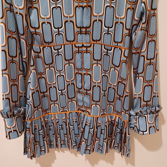 Alexis Cosi Mini Retro Pleated Long Sleeve Dress in Blue Slate Link Print Size S - Picture 9 of 11